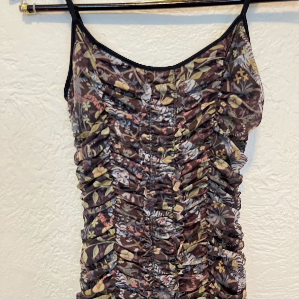 Urban Outfitters Mesh Mini Dress Bodycon Brown Floral Ruched Small S